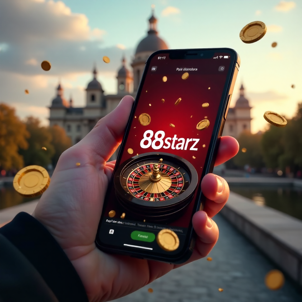 A premium smartphone held in a hand featuring the 888starz app, with the Palace of Culture and Science in Warsaw in the background, official red and white brand colors, 3D flying golden coins and roulette elements, cinematic lighting, 8k.